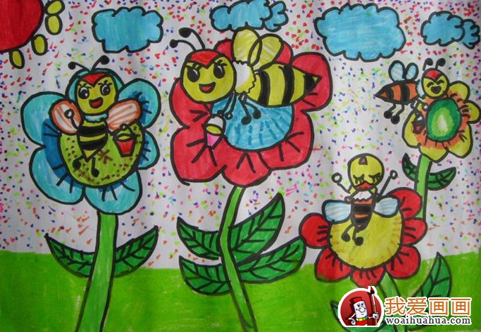 可爱的小蜜蜂儿童水彩画高清图片
