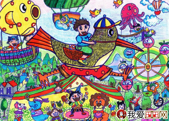 关于游乐场的儿童水彩画《快乐梦想大巡游》