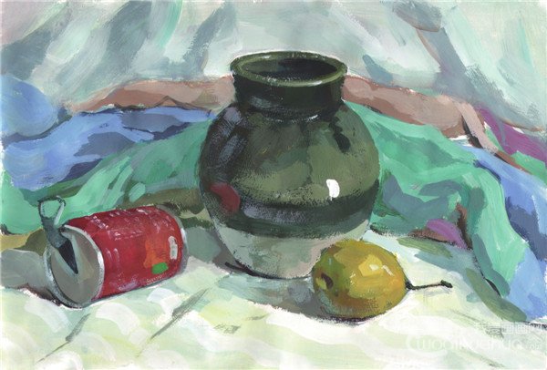 水粉静物组合写生入门:绿色陶罐组合的画法(2)