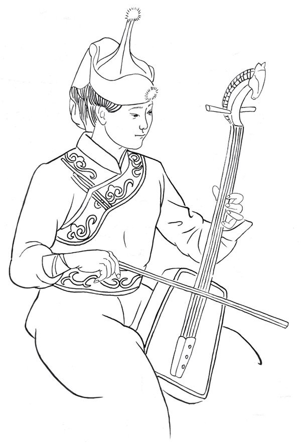 百科 中国名画 白描画 3,画出蒙古族女孩的下身和手中的马头琴.
